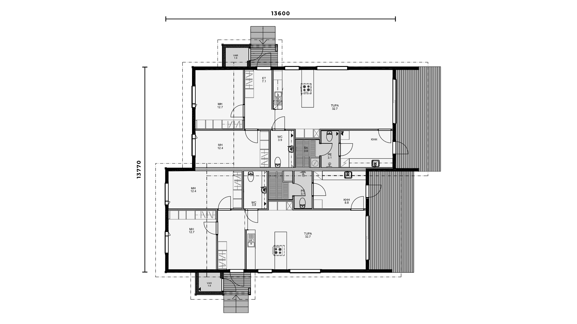 The floor plan of the log semi-detached home.