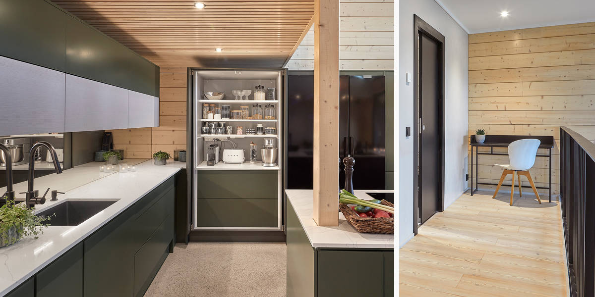 På bildcollaget syns till vänster en närbild på köket med släta, mossgröna köksluckor. I korridoren på övervåningen finns det en arbetsplats. Avsatsen har ett svart räcke.