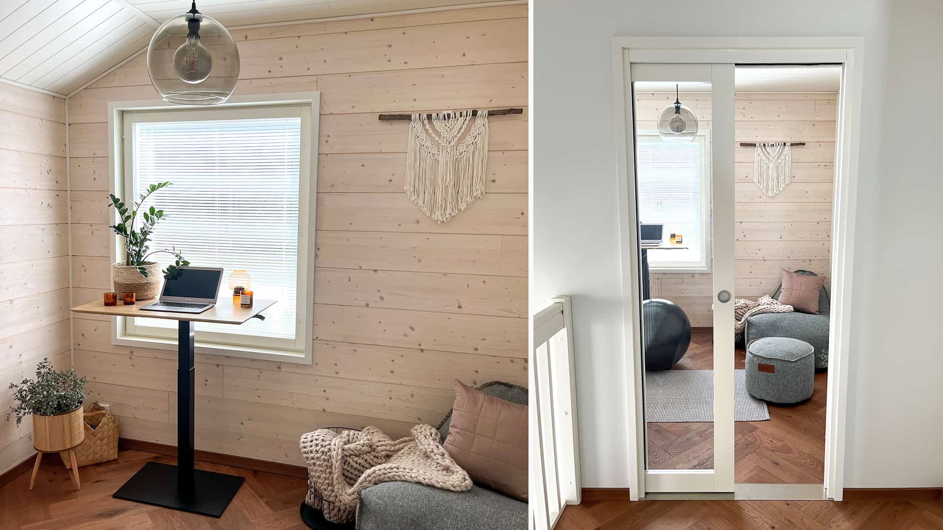 The office has lightly coloured log walls, an adjustable desk in front of the window, and macramé textiles on the walls. 