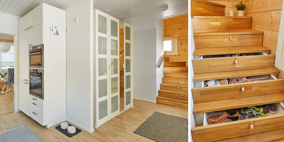 Pictured detail shows the stairs of the small log home with shoe storage space in the steps.