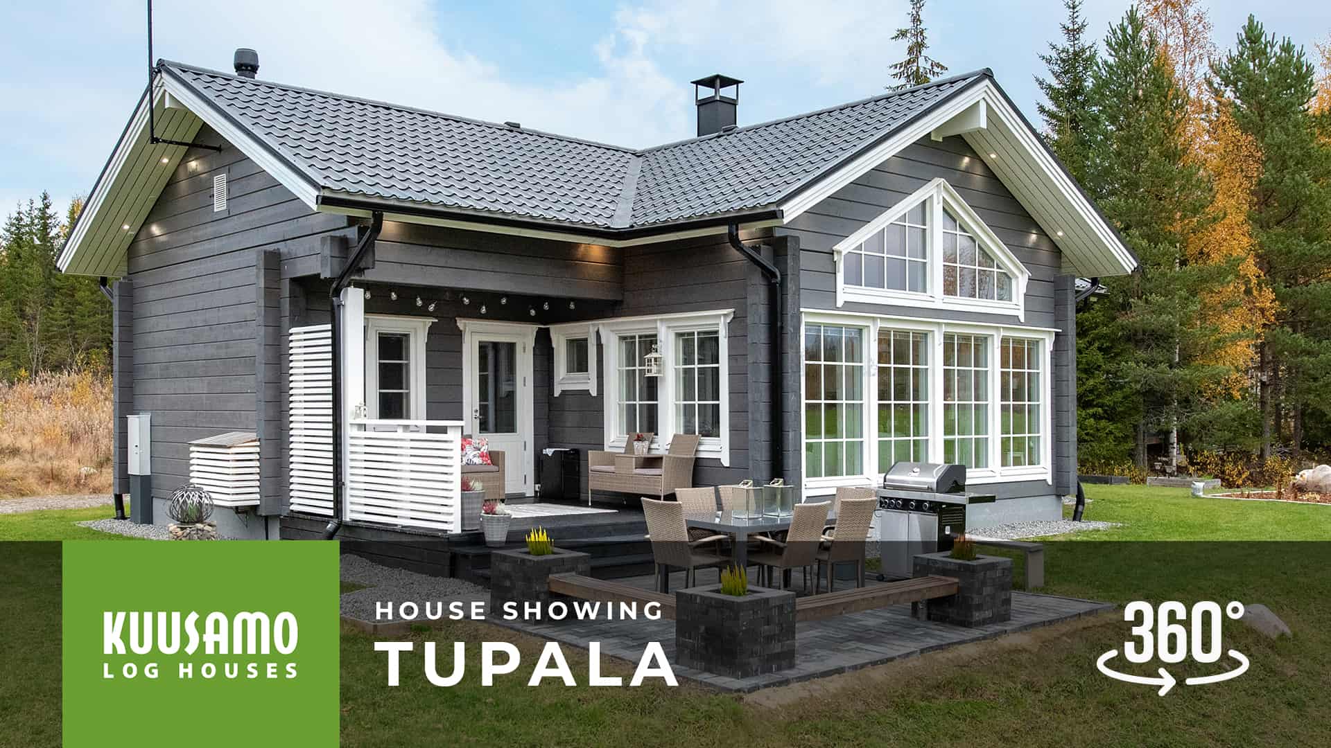 A Tupala 90 log home painted grey and depicted from the front.