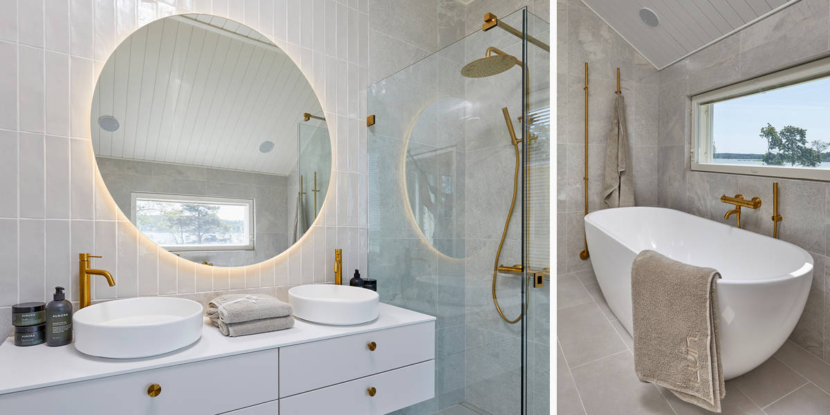 Yläkerran kylpyhuoneessa on kaksi allasta ja iso pyöreä peili. Messingin värinen suihku on omassa nurkkauksessaan ja kylpyamme toisella seinustalla ikkunan alla. 