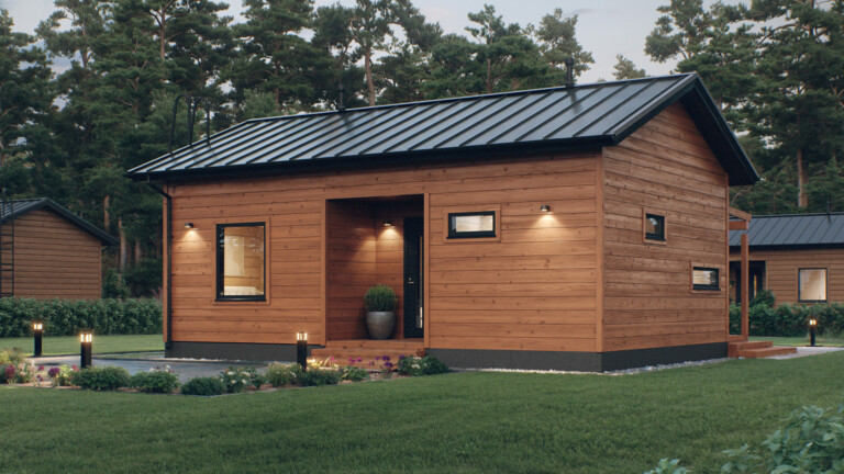 Harjakattoinen pieni hirsitalo. Sisäänkäynti on sisennetty.