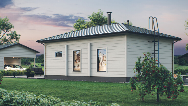 Aumakattoinen valkoinen hirsitalo takaa kuvattuna.