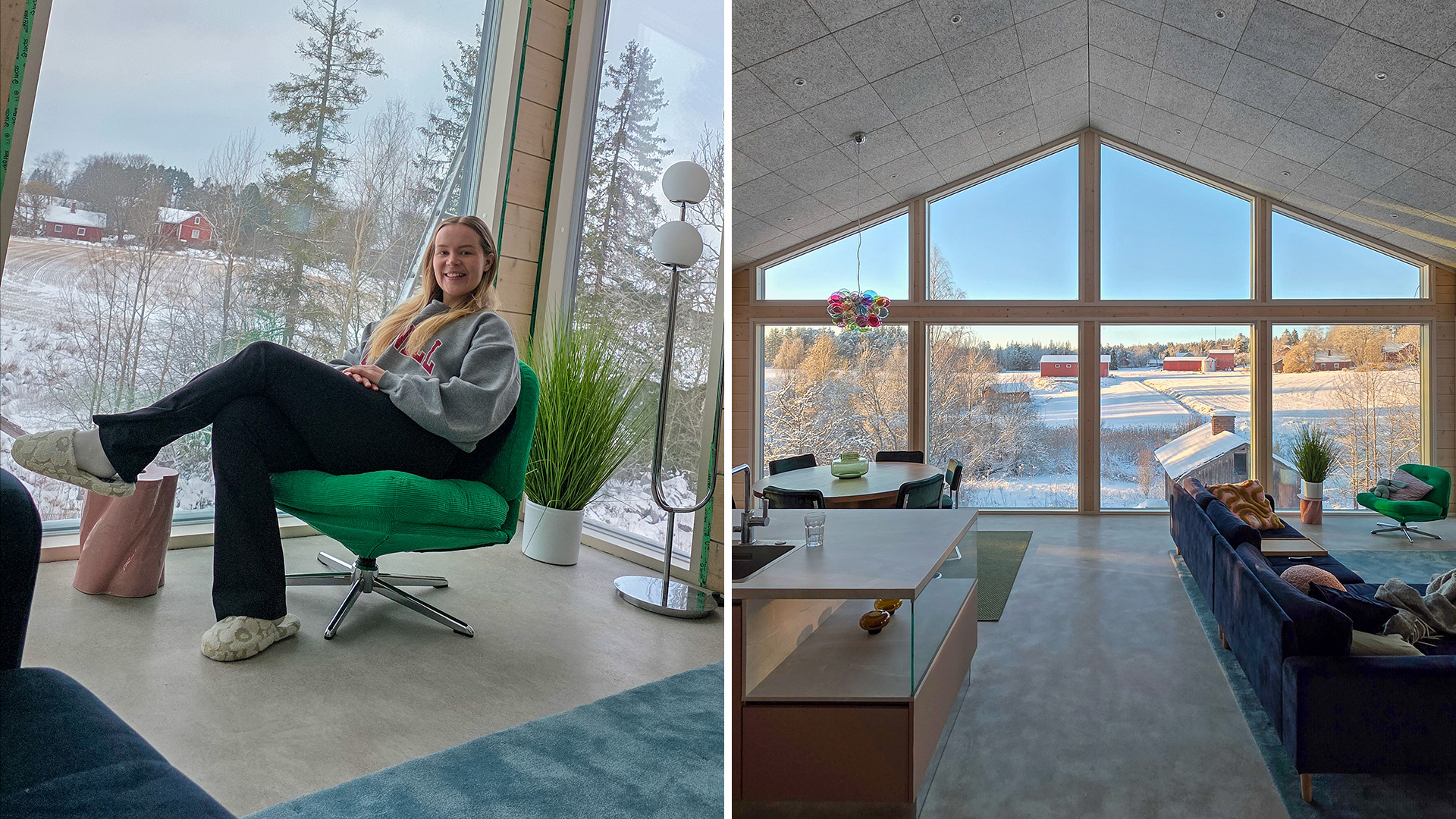 Marika Kuosmanen istuu nojatuolissa hirsitalon olohuoneessa isojen ikkunoiden edessä. Ikkunoista avautuu maalaismaisema.