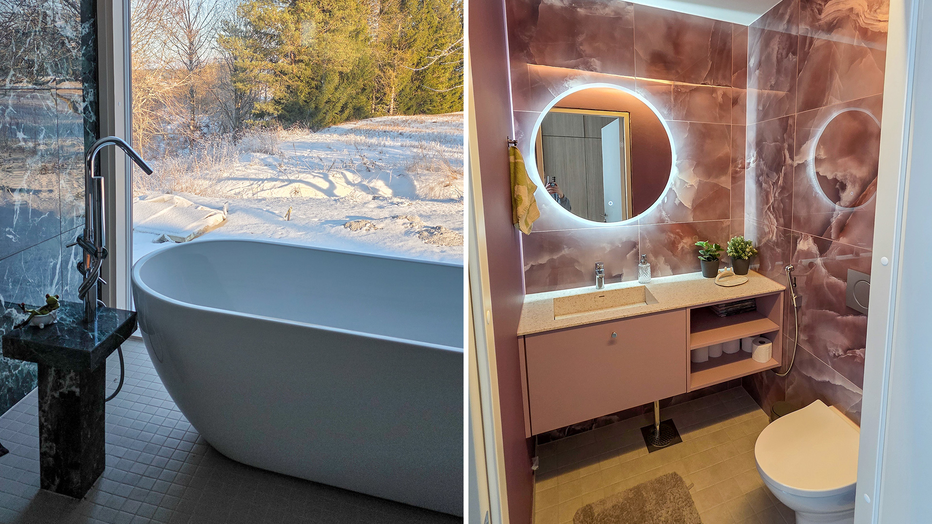 Kuvakollaasissa vasemmalla on kylpyamme ja kylpymaisemat. Oikealla on persoonallinen wc-tila värikkäillä laatoilla.
